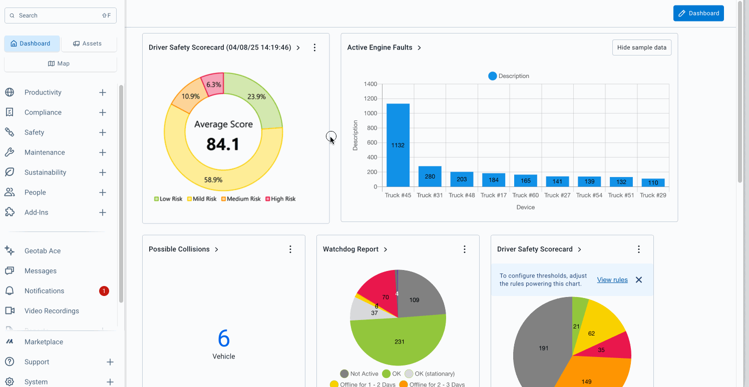 dashboard edit menu in MyGeotab
